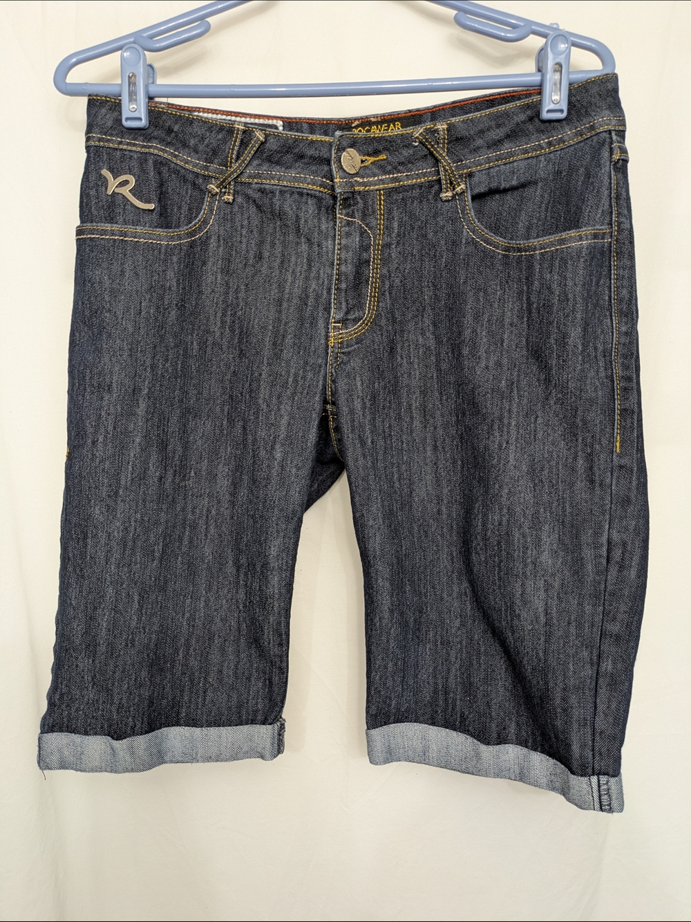 Rocawear Dark Wash Bermuda Jean Shorts Size 9 Y2K Bling Pockets